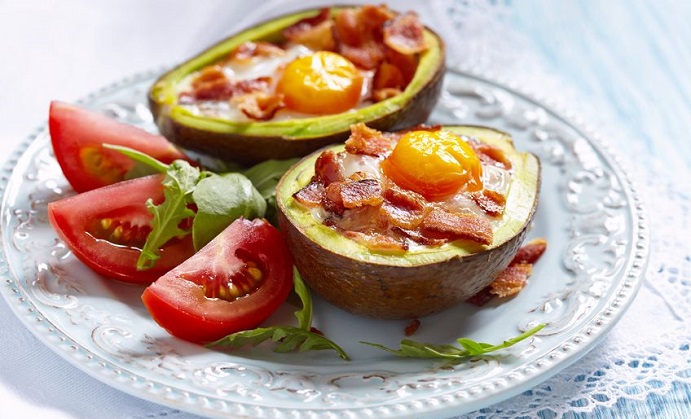 avocado egg boats with bacon. low carb high fat breakfast