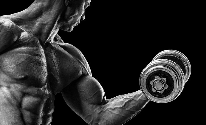 handsome power athletic man in training pumping up muscles with dumbbell. strong bodybuilder with six pack perfect abs shoulders biceps triceps and chest. black and white image